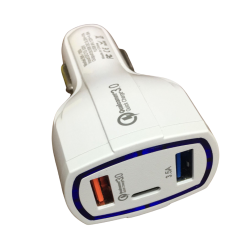 Cargador Para Auto BK-350 Carga Rápida 2 Entradas USB 3.0A y 3.5A, 1 Entrada tipo C Blanco