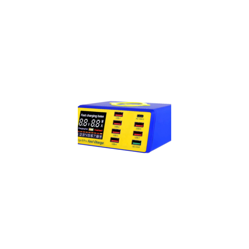 ICHARGE 8 Pro Mechanic Cargador USB 8 Puertos, Carga Inalámbrica Con Pantalla Digital, Entrada Tipo C