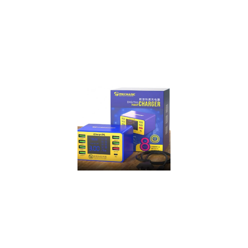 ICHARGE 8M Mechanic Cargador USB Con 8 Puertos Con Pantalla Digital, Entrada Tipo C